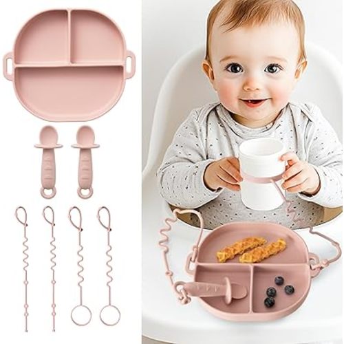 Baby Plates with Suction Silicone Baby Spoons Divided Baby Plates Silicone Baby Safety Toy Straps Baby Bottle Bungees Baby Feeding Set All-in-one-Blush