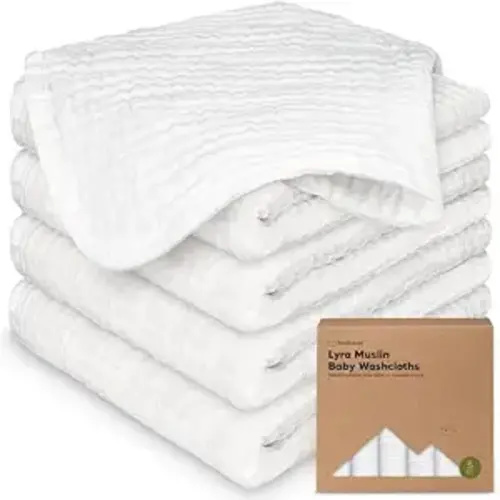 5pk Muslin Baby Washcloths for Newborn, 12x12 Soft Absorbent (Soft White)