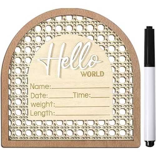 Baby Announcement Sign with Pen, 5.5in Wooden Arched Baby Shower Welcome Sign, Hello World Newborn Welcome Signs Birth Name Tag, Can be Used for Photo Props, Babys Shower, Nursery, Newborn Gift
