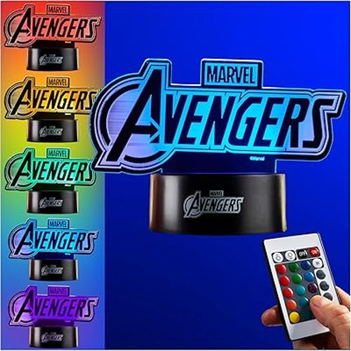 Get Trend Marvel Avengers 3D Illusion Night Light for Kids, 16 Colors, 4 Lighting Modes, Dimmable, Dual Powered LED Desk Lamp with Remote Control, Bedroom Decor, Gifts for Boys, Girls (Multi Avengers)