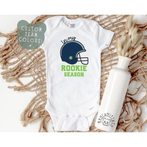Customizable Football Baby One-Piece Outfit, In My Rookie Year Newborn Onesies® Brand, Personalized Sunday Football Helmet Baby Outfit