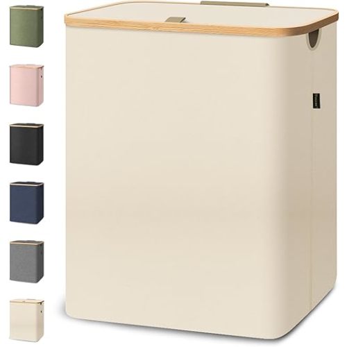 BALEINE Laundry Hamper with Lid, Tall Laundry Baskets with Bamboo Pull Handles, Large Laundry Bin with Internal Support (40 Gallon, Beige)