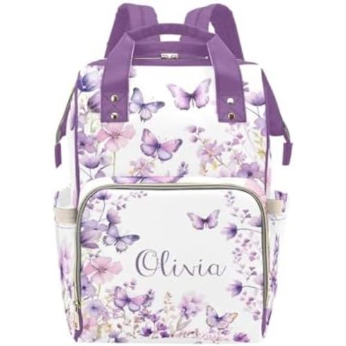 Butterfly Purple Personalized Diaper Bag with Custom Name – Custom Baby Tote Backpack for Mom, Unique Gift for New Parents, Baby Shower Essentials