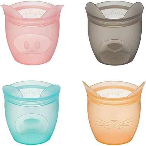Zip Top Reusable 100% Silicone Baby + Kid Snack Containers- The only containers That Stand up, Stay Open and Zip Shut! No Lids! Made in The USA - Full Set of 4