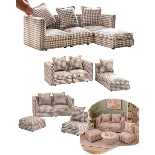 iLAND Dollhouse Furniture Sectional Dollhouse Couch Set, Miniature Furniture for Dollhouse Living Room Décor, Modern 1/12 Scale Accessories fit Action Figures 4-6”, Classic Houndstooth Mini Sofa