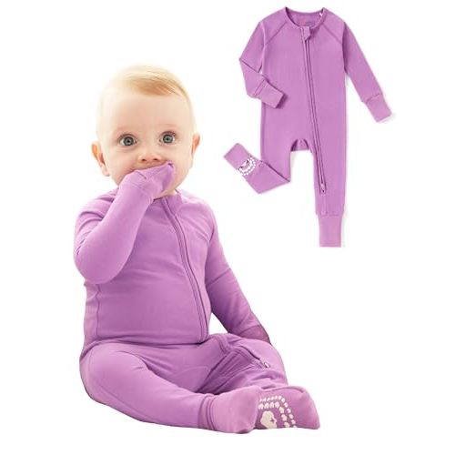 PATPAT Organic Cotton Baby Footie Pajamas with Two-Way Zipper & Fold-Over Mittens, Soft Stretchy Romper for Newborn Boy Girl