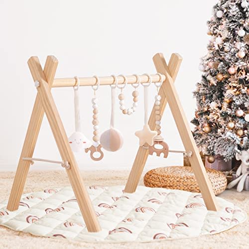 funny supply Wooden Baby Gym with 6 Gym Toys and Rainbow Mat Foldable Baby Play Gym Frame Activity Center Hanging Bar Newborn Gift