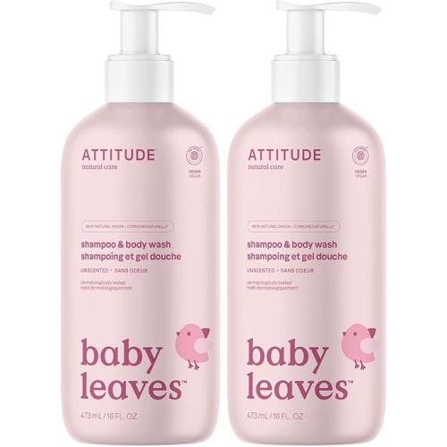 ATTITUDE 2-in-1 Shampoo & Body Wash for Baby, Fragrance-Free EWG Hypoallergenic Plant- & Mineral-Based Ingredients, Vegan and Cruelty-Free, Unscented, 16 Fl Oz, (Pack of 2)