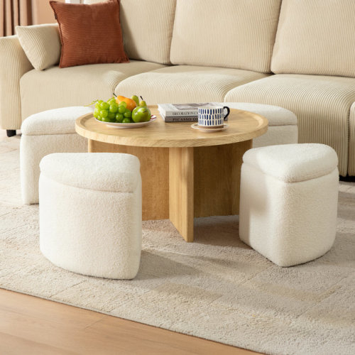 Latitude Run® Coffee Table With 4seat Storage, Mid-century Modern Coffee Tables With 4 Chenille Ottomans , Center Table | Wayfair