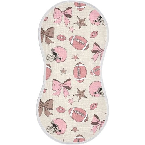 1 Pack Muslin Burp Cloths Football Bow Pink Cotton Baby Burp Cloths Extra Absorbent and Soft Thick Burping Cloth for Newborn Babies 22x11 Inch