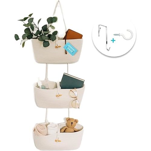 OrganiHaus White 3-Tier Wall Hanging Baskets for Organizing, Hanging Storage Basket, Over the Door Basket Organizer, Wall Mounted Basket for Nursery Organization, Hanging Baskets for Nursery Decor