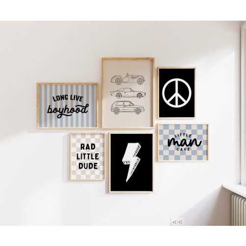 Rad Cool Little Dude Lightning Bolt Square Gallery Wall Set of 6 Downloadable Prints, Car Vehicle Boy Nursery Decor, Big Boy Room