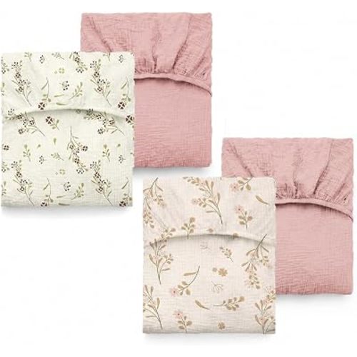 4-Pack Muslin Crib Sheets for Girls Boys, Boho Soft 100% Cotton Nursery Decor for 52" x 28" Standard Crib Mattress (Pink*2 & Floral & Blossom)