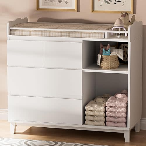 Nursery Changing Table with Storage, Tall Baby Changing Table for Bedroom, Wooden Chest with 4 Large Drawers and 2 Open Shelves, White