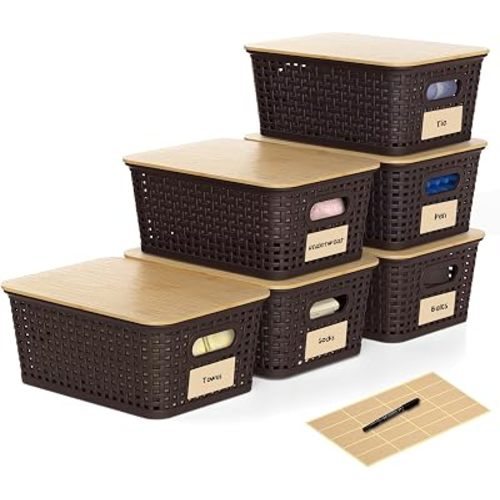 Plastic Storage Baskets with Bamboo Lids and Labels, Stackable Storage Containers, Storage Bins for Organizing Shelves Drawers Desktop Closets Office, 6 Packs-Brown