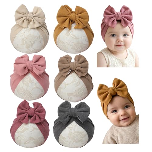 Baby Girls Hair Bow Turban Hat 6PCS Set, Top Bowknot Head Wrap Beanie India Caps for Infant Toddlers