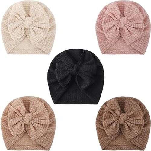 DRESHOW BQUBO 5 PCS Baby Cotton Hats Big Bow Knotted Headwrap Turban Baby Infant Beanie Baby Girl Soft Toddler Cap for Winter