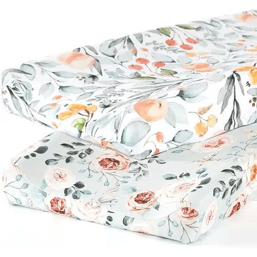 GRSSDER Stretch Ultra Soft Jersey Knit Changing Pad Cover Set 2 Pack, Change Table Pad Covers Fit 32"/34" x 16" Pads Safe and Snug, Stylish Watercolor Flowers and Fruits for Girls