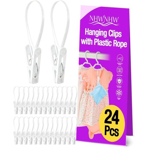 100 Pack Multi Purpose Laundry Hanging Clips with Rope, White - Strong Grip Hanging Clips for Baby Hangers, Pants, Socks, Towels & Closet Organization, Multi-Purpose Laundry Drying Hooks