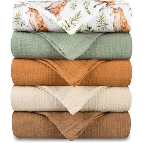 Muslin Receiving Blankets, Neutral Blanket Swaddling for Newborn Boys and Girls, 5 Pack Breathable and Skin-Friendly Swaddle Wrap for Infant Baby (Bright Leaves)