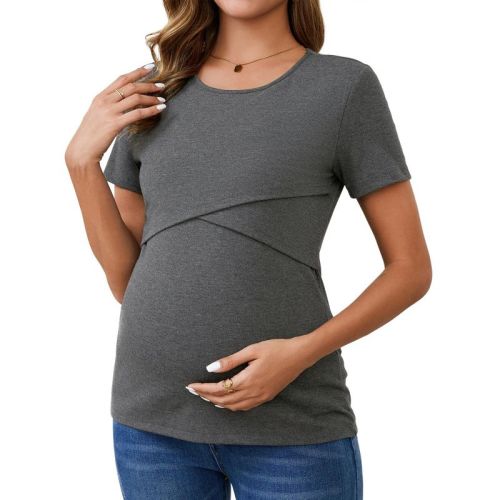 INSPIRE CHIC Women's Ribbed Knit Short Sleeve Nursing Shirts Crossover Maternity Breastfeeding Tops