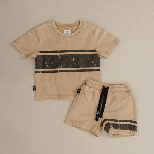 Kids Sandy Acid Wash Distressed Stripe Short Sleeve Set Brown 6-12M - Olive + Scout