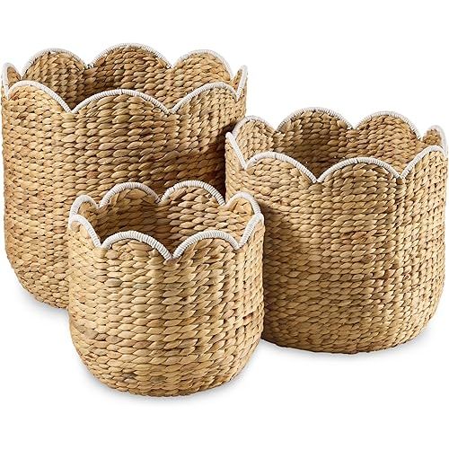 Best Choice Products 3pc Water Hyacinth Scalloped Multipurpose Nesting Baskets, Storage Bin Organization Totes for Living Room, Bedroom, Nursery, Laundry Room - Natural w/White Trim