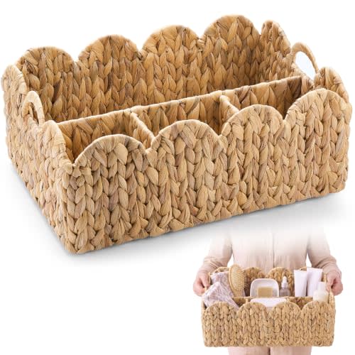 Wicker Divided Basket, 4 Compartments, Natural, Water Hyacinth | Scalloped Edge, Hand Woven Rattan Basket Tray, Handle, for Bathroom Bedroom Kitchen Shelves Office Decor Organization