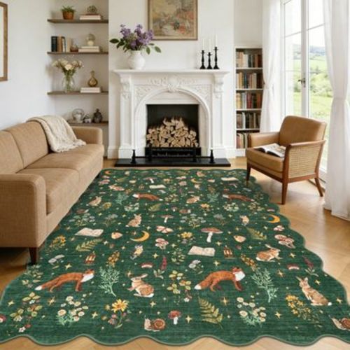 6'x9' Scalloped Woodland Animal Washable Area Rug, Cute Fox Rabbit Carpet Foldable Stain Resistant Floor Cover for Living Room Dining Room Kids Room