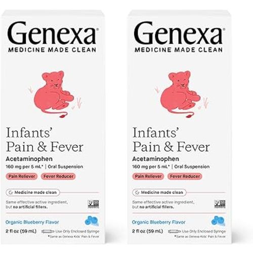 Genexa Infants’ Pain and Fever Reducer | Baby Acetaminophen, Dye Free, Liquid Oral Suspension Medicine for Infant | Delicious Organic Blueberry Flavor | 160 mg per 5mL | 4 Fluid Ounces (2 Pack)