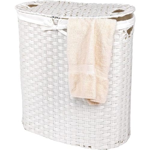 Seville Classics Premium Handwoven Portable Laundry Bin Basket with Carrying Handles, Household Storage for Clothes, Linens, Sheets, White, Oval Hamper