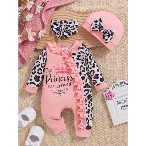 Baby Girl Autumn/Winter Pink Leopard Print Letter Print Jumpsuit With Hat