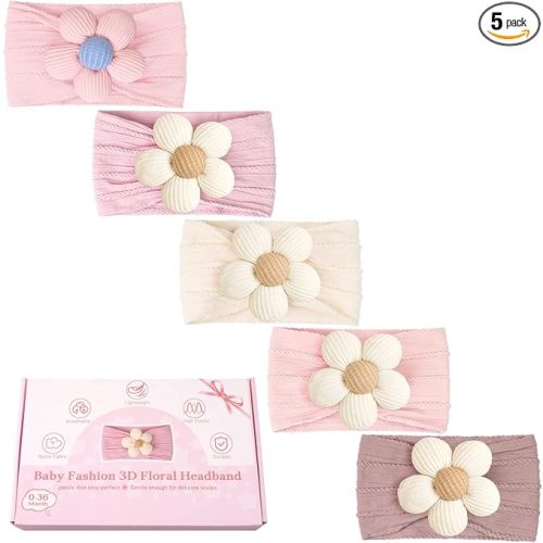 5 Pcs Baby Flower Headbands Baby Girls Nylon Headbands Soft Hairbands Hair Accessories for Newborn Infant Toddler Kids（Pink）