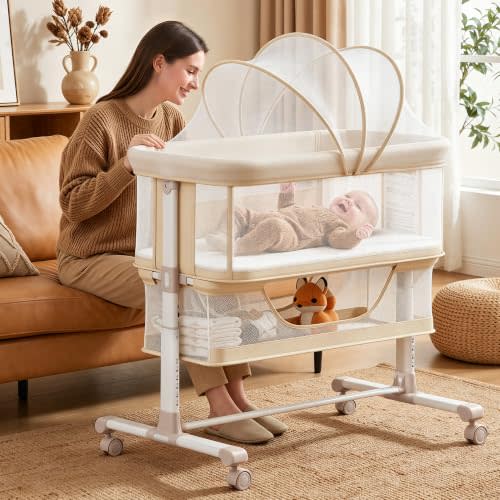 TODEFULL Baby Bassinet Bedside Sleeper with Wheels, 6 Height Adjustable Newborn Bedside Cradle with Full Breathable Mesh Canopy, Storage Basket, Washable Cover, Safety Straps, Easy to Assemble