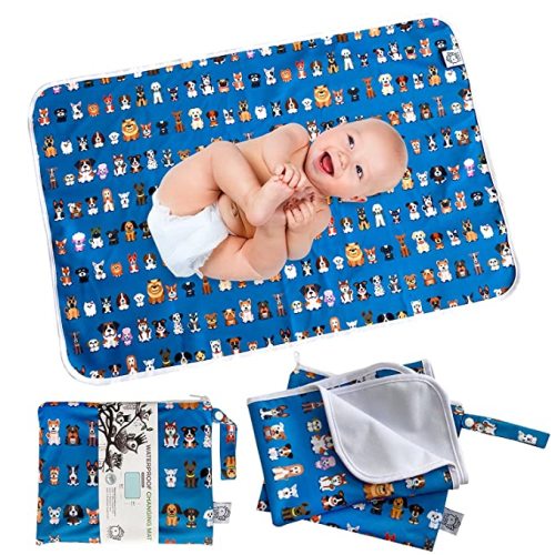 Flockthree Waterproof Baby Changing Pad with Storage Bag (28.7" X 19.7") Washable Wipeable Reusable Leak Proof Diaper Travel Mat Station Changing Mattress Liner Cribs Bed Cover, Dog Family