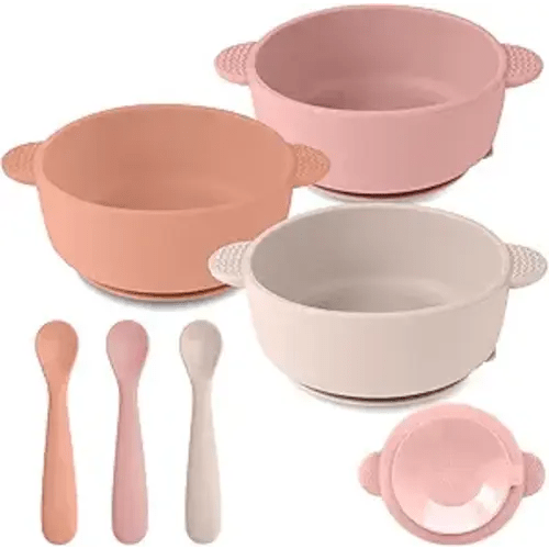 Eascrozn 3 Pack Baby Bowls with Suction and 3 Pack Baby Spoons, BPA Free, Silicone Baby Feeding Set for Babies Toddler Kids, Microwave and Dishwasher Safe