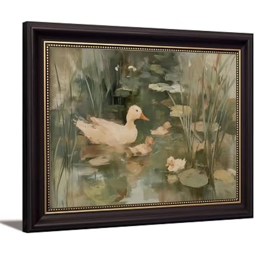 Framed Ducks Canvas Wall Art Spring White Goose Animals Lotus Painting wall decor Picture Rural Countryside Green Pond Duckling Poster Prints for Living Room Bathroom Bedroom Home Decoration