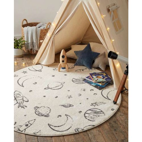 Ivory 5' 3 x 5' 3 Planets Whimsy Kids Round Rug | Rugs.com