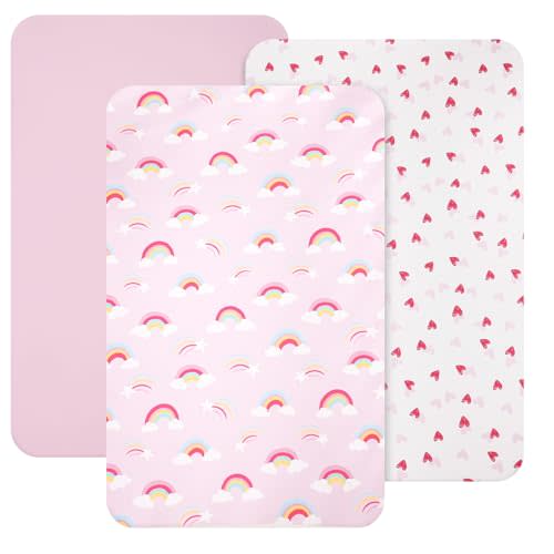 david's kids 3 Pack Mini Crib Sheets, Soft Breathable Premium Pack N Play Sheets for Baby Girls Neutral, Playard and Mini Crib Mattresses, Rainbow