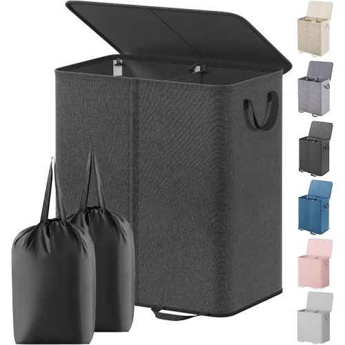 Lifewit Double Laundry Hamper with Lid, Removable Laundry Bags, Beige
