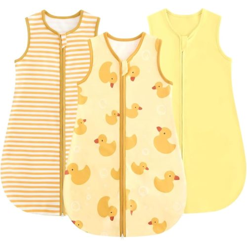 JiAmy Baby Sleep Sack 0.5 TOG Wearable Blanket, 3 Pack Cotton Sleeping Bag with 2-Way Zipper, Yellow Duck, 0-6 Months