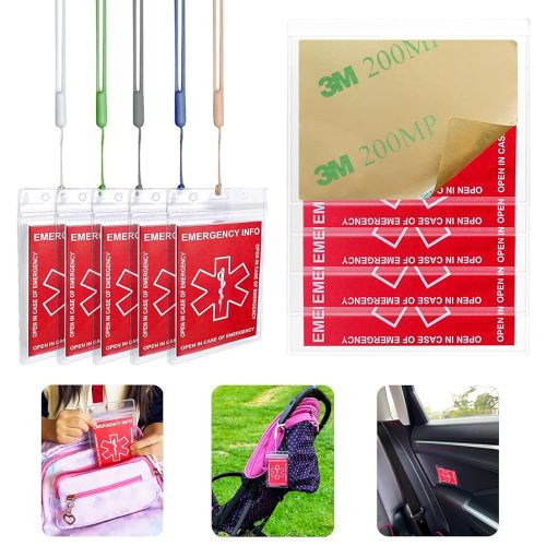 Emergency Contact Card 12 Pack with 10 Card Sleeves - Child ID Card for Car Seat Safety Stickers and Backpack Tags for Kids - Life Alert for Travel,Camping,Medical Fokder,Daycare Essential