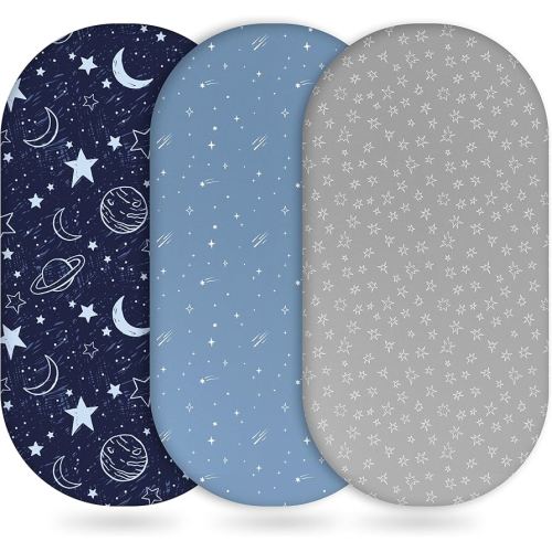 Baby Bassinet Sheets Girl Boy, Fitted Bassinet Sheet Set 3 Pack Bassinet Mattress Sheets Universal Fit for Rectangle, Round, Oval, Hourglass Mattress, Soft Breathable Blue Gray Planet