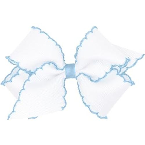 Wee Ones Girls' Classic Grosgrain Moonstitch Edge Hair Bow on a WeeStay Hair Clip, Contrasting Edge, Medium, White with Blue