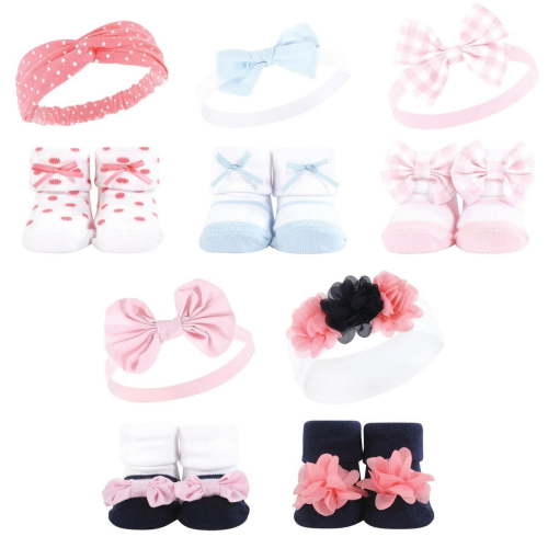 Hudson Baby Infant Girl Headband and Socks Giftset, Pink Blue 10-Piece, One Size