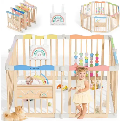 Foldable Wooden Playpen - Adjustable Wood Baby Play Yard Without Door, Indoor Large Safety Fence for Babies and Toddlers - Easy Assembly, 8 Panels, Colorful Dream