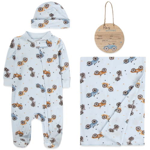 Baby Essentials 0 Months Newborn Boys Romper Footie Gift Set with Hat, Blanket & Wooden "Hello World" Announcement Sign in Radiant Race Cars