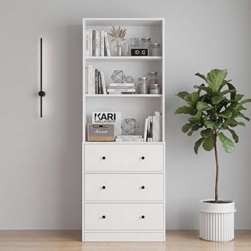 SMOOL 71'' Tall Bookcase with 3 Drawers, 3-Tier Open Display Bookshelves, Freestanding Storage Cabinet for Home Office,Living Room,White