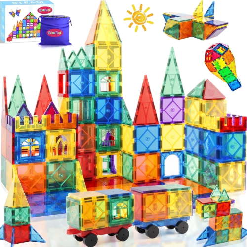 104 PCS Magnetic Tiles for Kids 3-7, Montessori Magnetic Blocks, STEM Building Toys, Sensory Toy Gift for Boys & Girls Ages 3-8