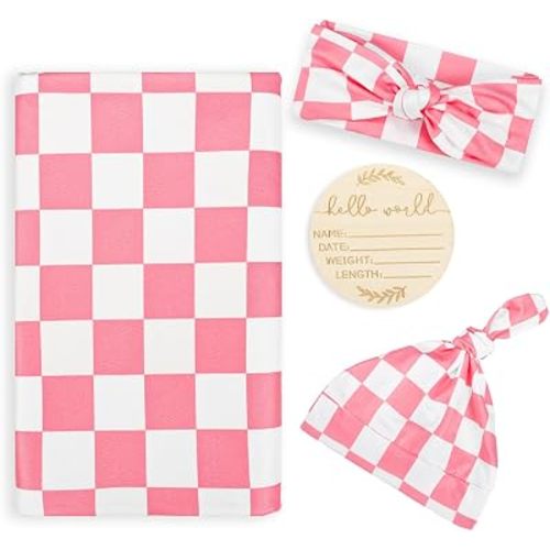 TANOFAR 4-Pack Newborn Swaddle Blanket for Baby Girls & Boys, Ultra Soft Receiving Blankets with Matching Headband and Beanie Set Baby Nursery Swaddle Wrap, Pink Checkerboard